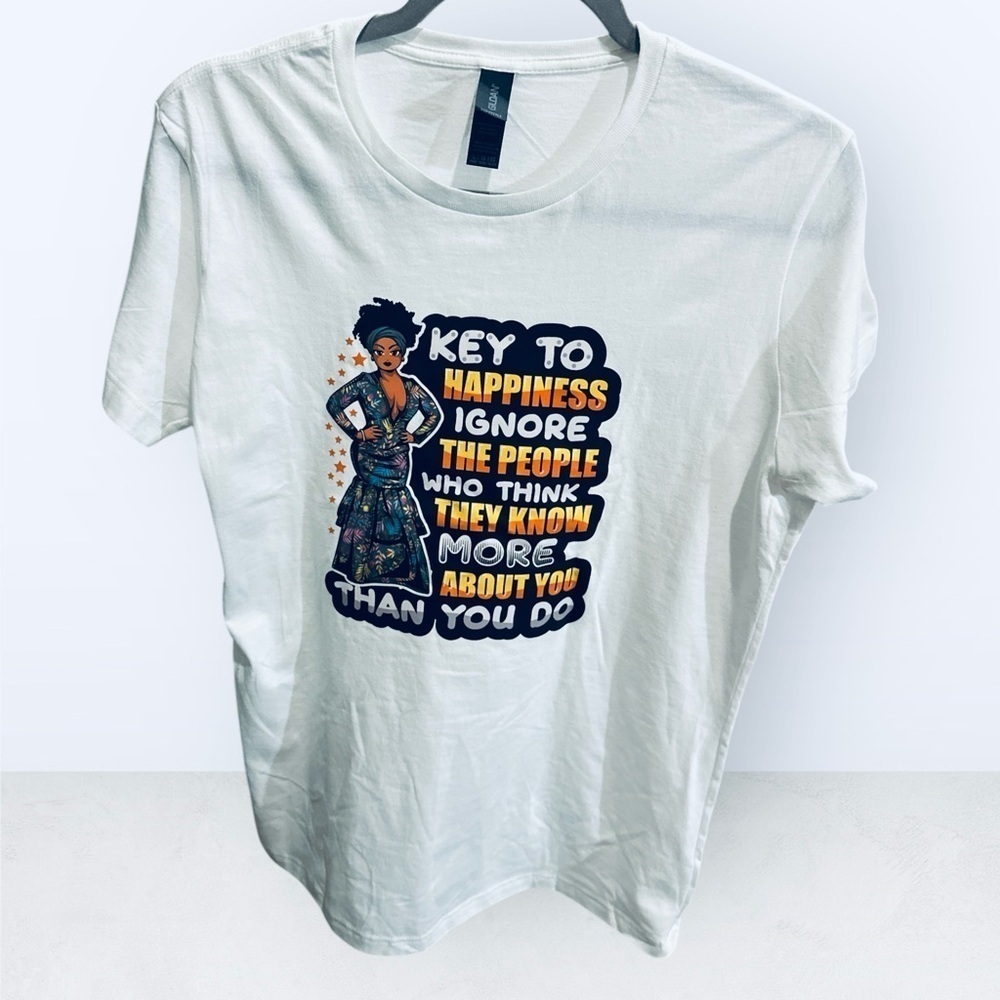 Hand-Pressed "Key to Happiness" Graphic Tee - White, XL